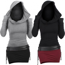 Casual Hooded Sweatshirt Dress with Contrast Color Long Sleeves and Drawstring Hem
