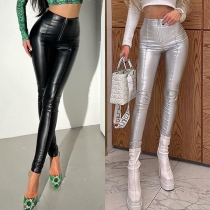 Mode Skinny Byxor i Artificiellt Läder med Dragkedja på Framsidan