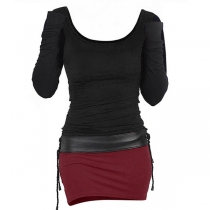 Mode med kontrastfärg och sidoslitsar, rund hals och ärmar med armbågar, dragsko – Bodycon-klänning.