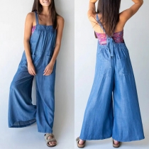 Casual Wide Leg Backless Jeans with Square Neck Patch Pockets