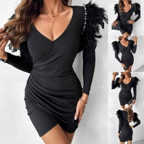 Fashion Feather Spliced Långärmad V-ringad Oregelbunden Hemline Bodycon Dress