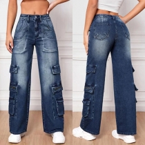 Gammaltvättade Höga Jeans i Rakt Skuren med Sidofickor