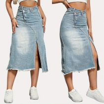 Vintage jeanskjol med slitna fransade kanter