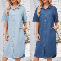 Casual långärmad frontknäppt denimklänning med ståkrage