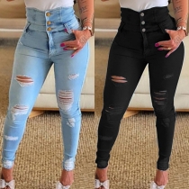Street Fashion Gammaltvättade Högmidjade Skinny Denim Jeans