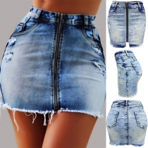 Gatumode Gammaltvättad Nödställd Frayed Hemline Minikjol i jeans