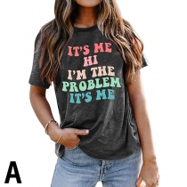 Casual T-shirt med tryck rund hals, kortärmad