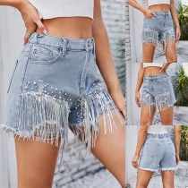 Mode pärlor tofs frayed hemline jeansshorts
