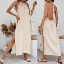 Robe de Plage Décontractée à Dos Nu et Fente Profonde