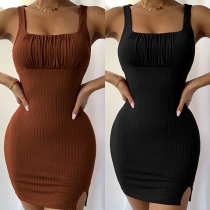 Mode Fyrkantig Halsringning Ruched Ribbad Slits Bodycon Klänning