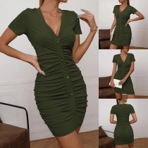Mode V-ringad Kortärmad Ruched Bodycon Klänning