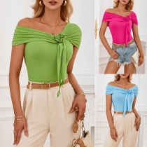 Fashion Asymmetric Shoulder Shirt with 3D Rose Design