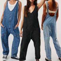Casual lös jumpsuit med gammaltvättade patchfickor