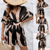Mode blommig tryckt V-ringad playsuit med Batwing-ärmar