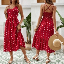 Fashion Heart Tryckt V-ringad Cross-Criss Backless Klänning
