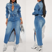Street Fashion Denimklänning med Främre Knappkrage och Långärmad Främre Slits, Gammalt Tvättat