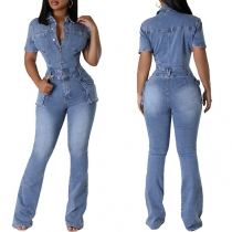 Street Fashion Främre Knäppstativ Krage Kortärmad Sidolappsfickor Vida ben Gammalt tvättad denim Jumpsuit