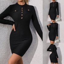 Mode rund halsad långärmad Bodycon-klänning med knapp