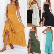 Bohemia Style Smocked Bodice Strapless Spets Splits Maxi Dress