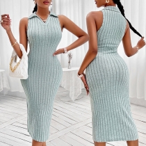 Modekrage V-ringad Ärmlös Ribbad Bodycon Klänning