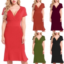 Elegant kortärmad Bodycon Klänning med volangkant i V-ringning