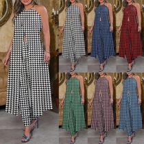 Street Mode Houndstooth Mönstrad Tvådelad Set med Halterneck-blus och Byxor