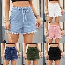 Street Fashion Elastic Waist Frayed Hemline Denim Shorts for Women
