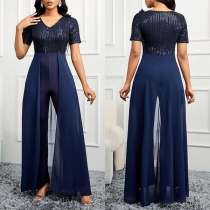 Mode paljettbodice V-ringad kortärmad jumpsuit med vida ben