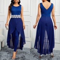 Mode rund hals ärmlös spets skarvad Jumpsuit
