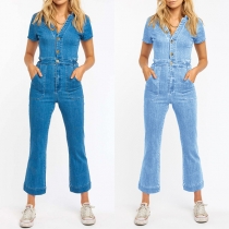 Gammaltvättad Denim Jumpsuit med Patch Fickor och V-ringad kortärmände Street Fashion.