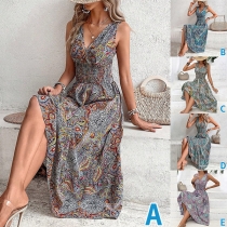 Bohemia Style Paisley Print V-ringad ärmlös cinch midja Maxiklänning