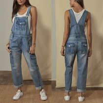 Street Fashion Gammalt tvättad Denim Jumpsuit med Flersidiga PatchFickor