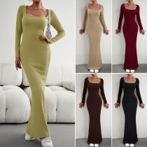 Sexig enfärgad fyrkantig hals långärmad Bodycon Maxiklänning