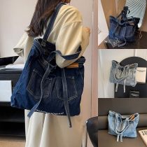 Casual Vintage Denim Tygväska med Patchfickor