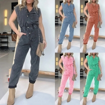 Street Fashion Button V-ringad Kortärmig Lös Gammalt Tvättad Denim Jumpsuit för Kvinnor