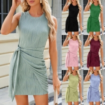 Rund Hals Ärmad Bodycon Omlottklänning i Avslappnad Stil