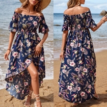 Mode blommigt tryckt off-shoulder kortärmad oregelbunden sommarklänning