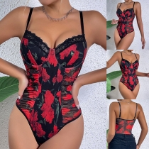 Sexig kontrastfärg blommig tryckt spets skarvad body