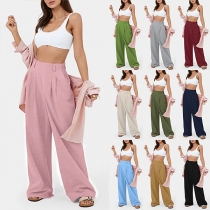 Casual Solid Color Medelhöga Lösa Byxor med Vida Ben