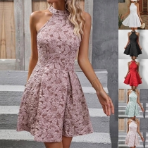 Vintage broderi blommig Ärmlös Halter Neck plisserad miniklänning