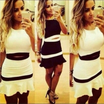 Elegant Contrast Color Crop Tops + Skirt Two-piece Set