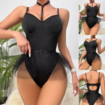 Sexig O-ring Gaze Ruffled Spliced Backless Underkläder Bodysuit