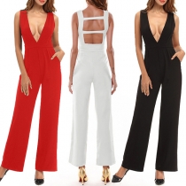 Sexig plunge V-ringad rygglös ärmlös Jumpsuit med vida ben