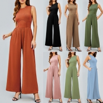 Elegant rund hals ärmlös Jumpsuit med vida ben och cinch midja
