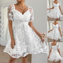 Söt stil blommig Jacquard Gaze Splits Sweetheart Neckline kortärmad miniklänning