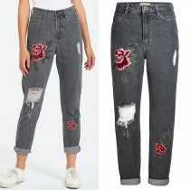 Mode BF Stil Rose Broderi Distressed gammaltvättade jeans