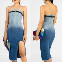 Mode Elegant Gradient Färg Axelbandslös Slits Gammalt Tvättad Denim Bodycon Klänning