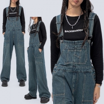 Gammalt tvättad Denim Jumpsuit för män med patch-fickor och vida ben