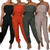 Street Fashion Jumpsuit with Patch Fickor, Self-tie and Strapless