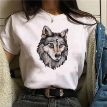 Mode Wolf kortärmad T-shirt med tryck och rund hals